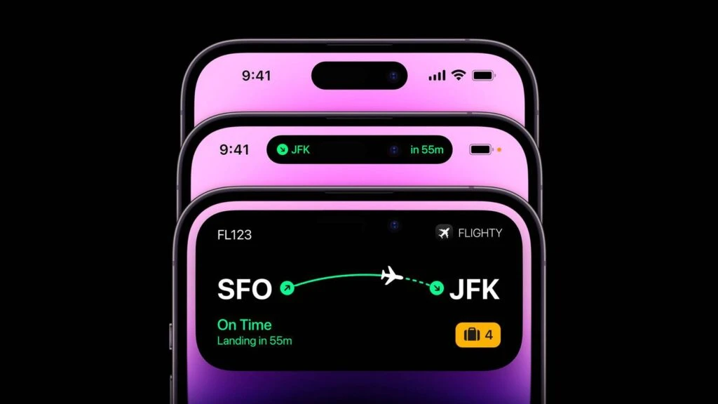 iPhone 15 menampilkan Dynamic Island di layar atas sebagai fitur interaktif untuk notifikasi dan kontrol aplikasi