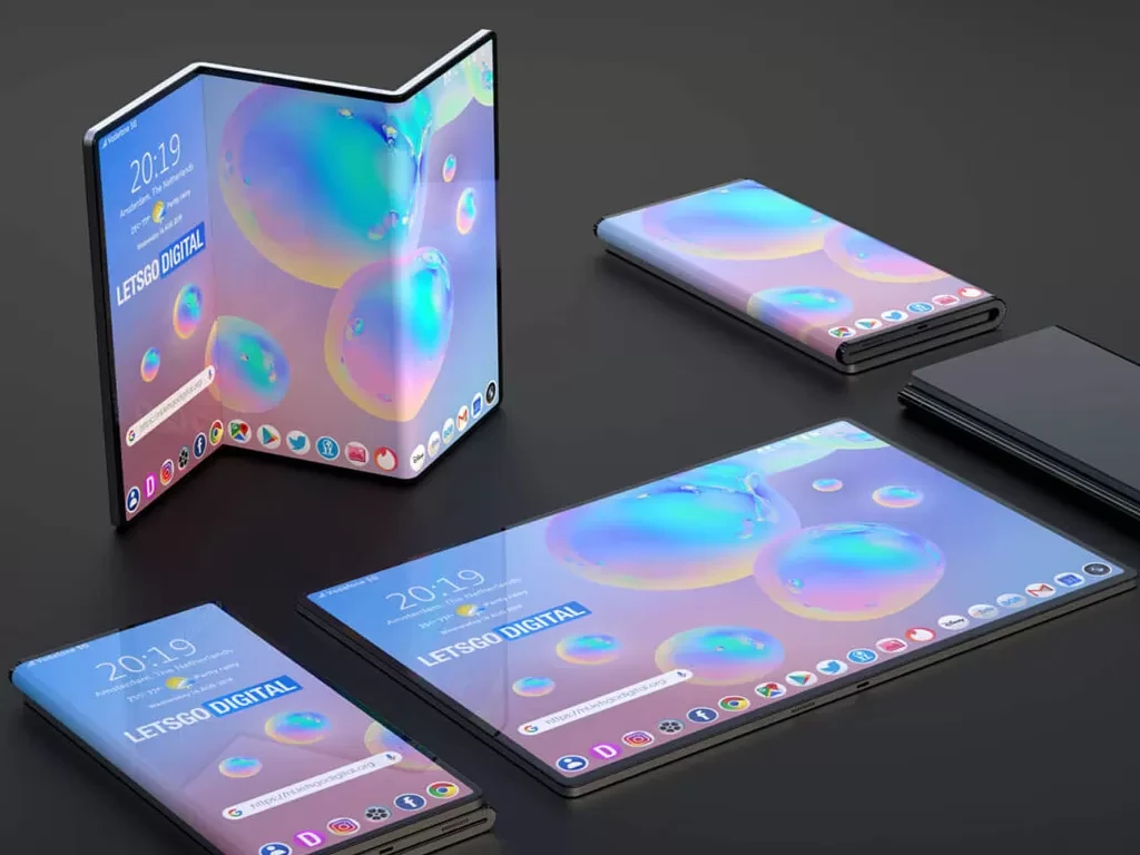 Gambar HP Samsung lipat tiga dengan layar terbuka penuh, menampilkan desain futuristik dan layar fleksibel AMOLED.