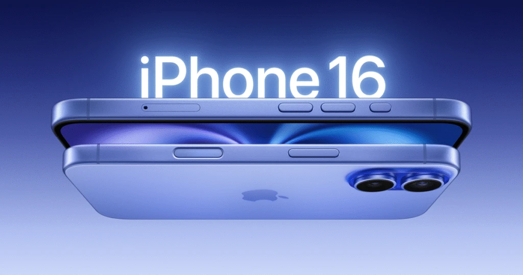iPhone 16 Plus dengan desain elegan warna silver menampilkan layar Super Retina XDR dan kamera ganda 48MP
