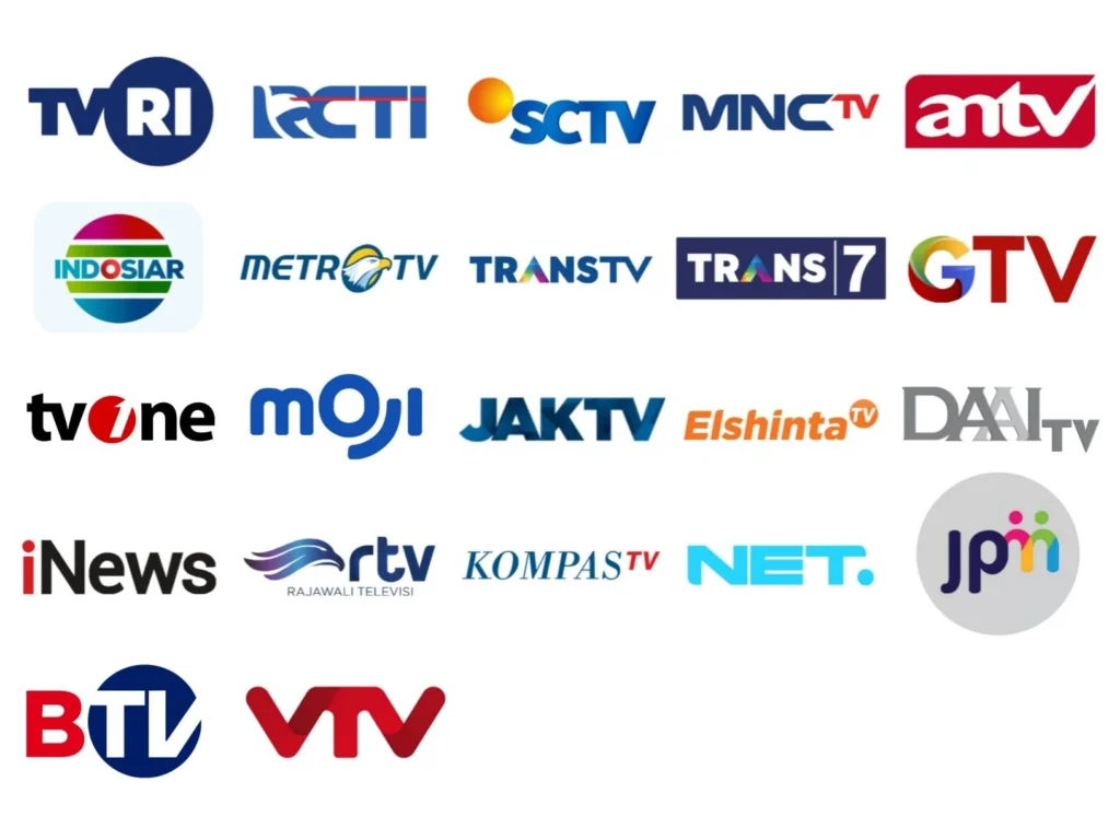 Logo Channel TV Indonesia lengkap - RCTI, SCTV, Trans TV, Indosiar, ANTV, dan TVRI dalam satu tampilan