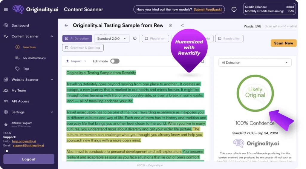 Tampilan halaman AI-Rewritify, alat rewrite AI untuk menulis ulang teks agar lolos deteksi AI secara aman dan natural