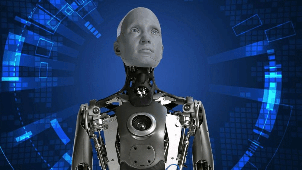 Robot humanoid canggih berbasis AI sedang berbicara dengan manusia di laboratorium futuristik dengan ekspresi wajah realistis.