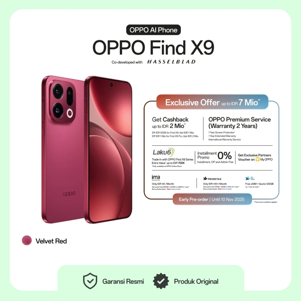 Oppo Find X9 Series Indonesia desain premium dengan layar AMOLED QHD+ dan kamera Hasselblad