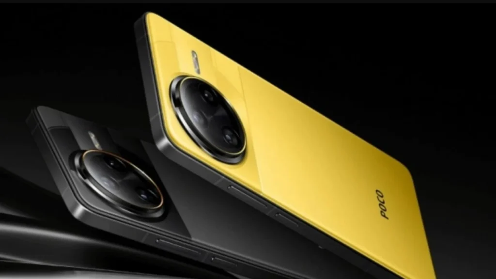 Peluncuran Poco F8 Series di Bali pada 28 November dengan panggung bergaya futuristik, menampilkan logo Poco dan suasana acara teknologi internasional.