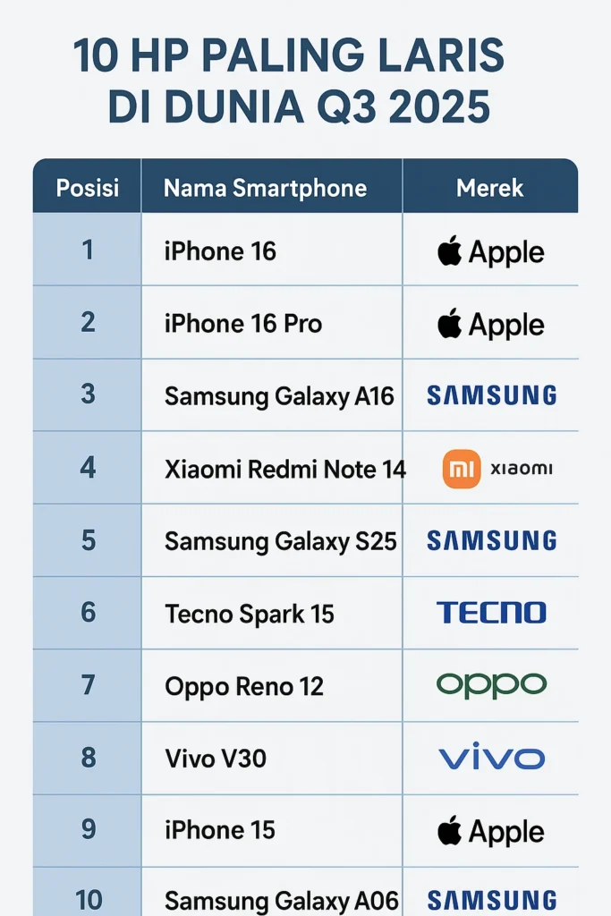 Tabel 10 HP paling laris di dunia Q3 2025 lengkap dengan merek dan peringkat penjualan global.