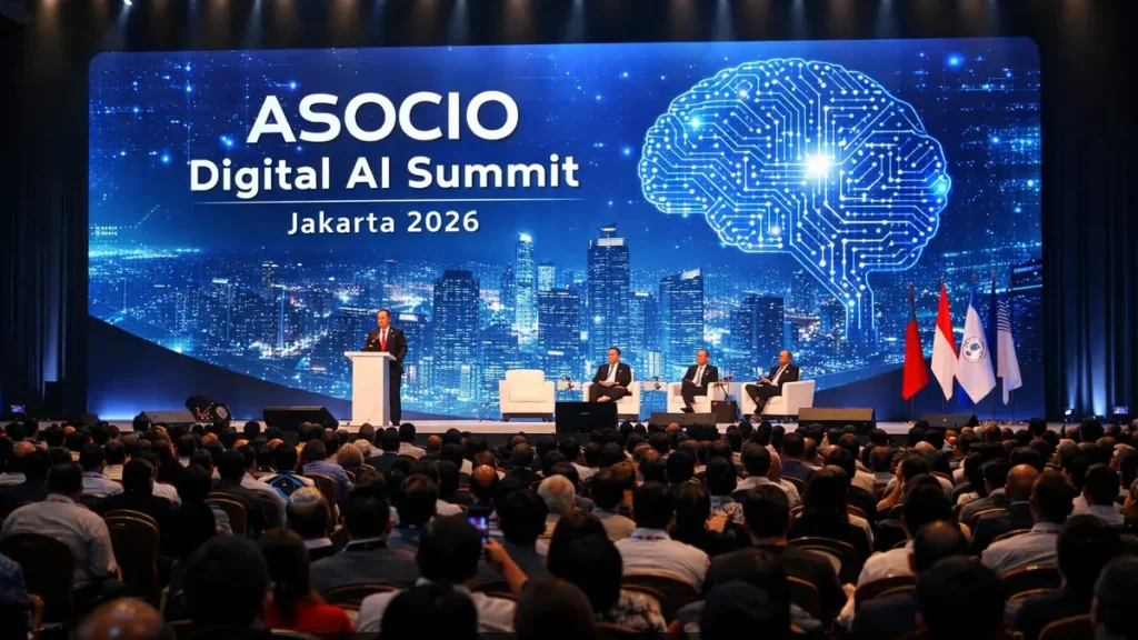 Suasana event teknologi besar di Indonesia 2026 dengan panggung konferensi AI dan layar LED menampilkan presentasi kecerdasan buatan.