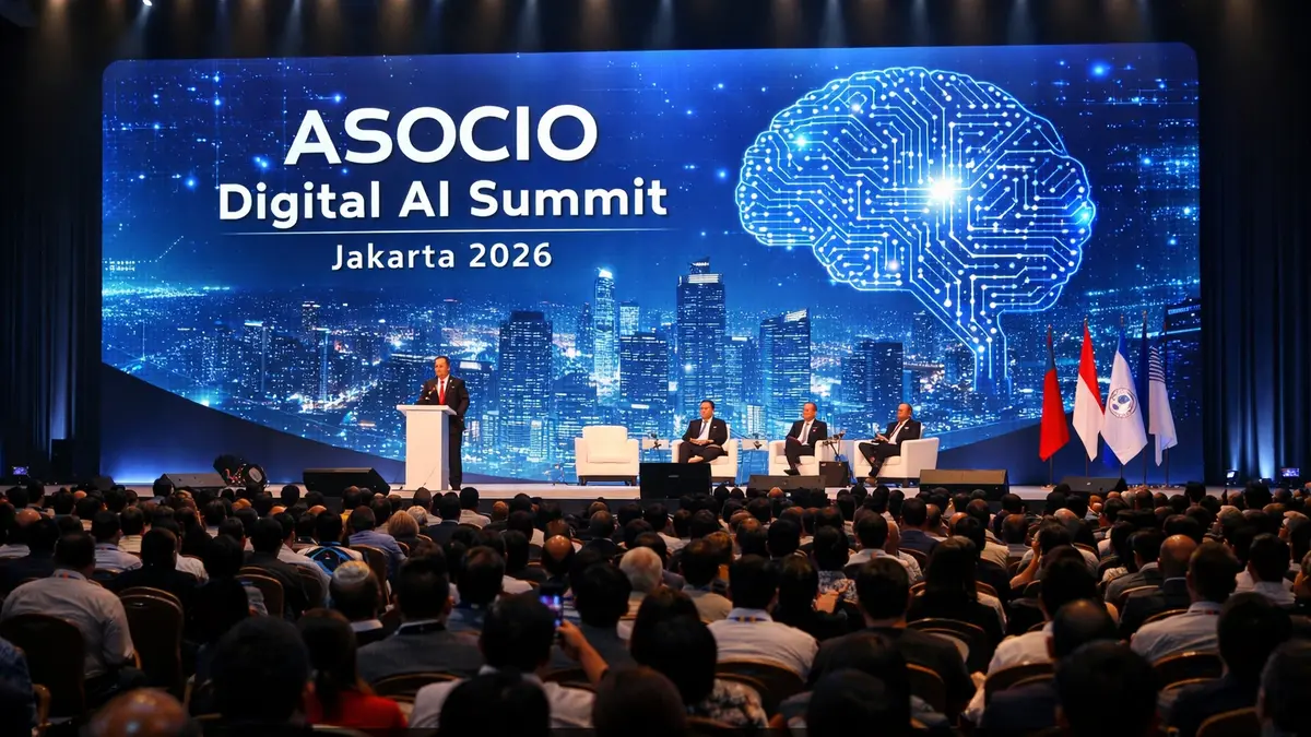 Suasana event teknologi besar di Indonesia 2026 dengan panggung konferensi AI dan layar LED menampilkan presentasi kecerdasan buatan.