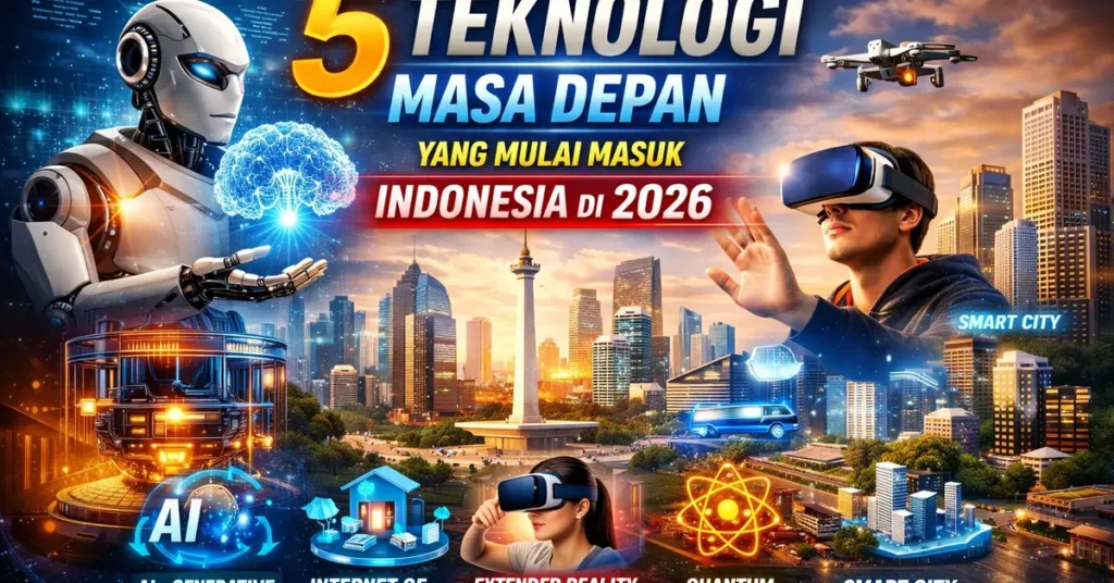 Ilustrasi 5 teknologi masa depan 2026 di Indonesia seperti Artificial Intelligence, Internet of Things, Extended Reality, Quantum Computing, dan Smart City.