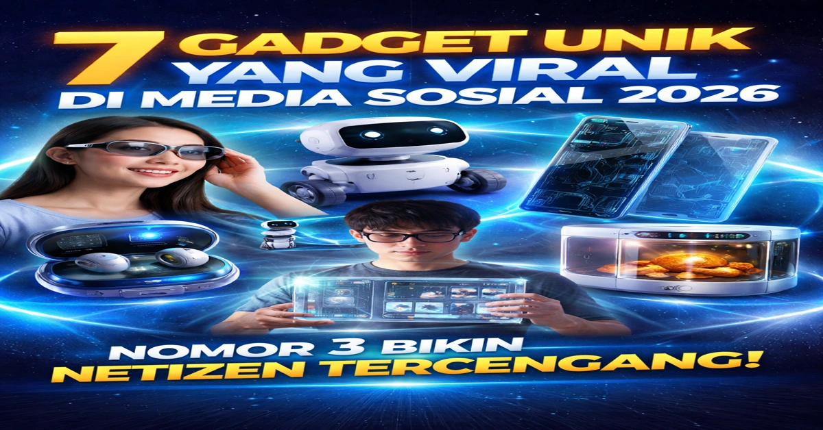 Ilustrasi gadget unik futuristik yang viral di media sosial seperti kacamata pintar AI, robot rumah tangga, dan perangkat teknologi transparan.
