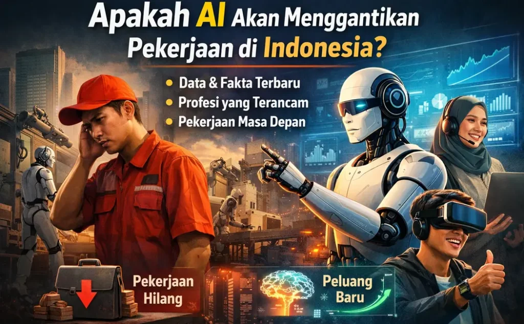 Ilustrasi dampak AI terhadap pekerjaan di Indonesia menampilkan robot dan manusia dengan konsep pekerjaan hilang dan peluang baru di era teknologi 2026