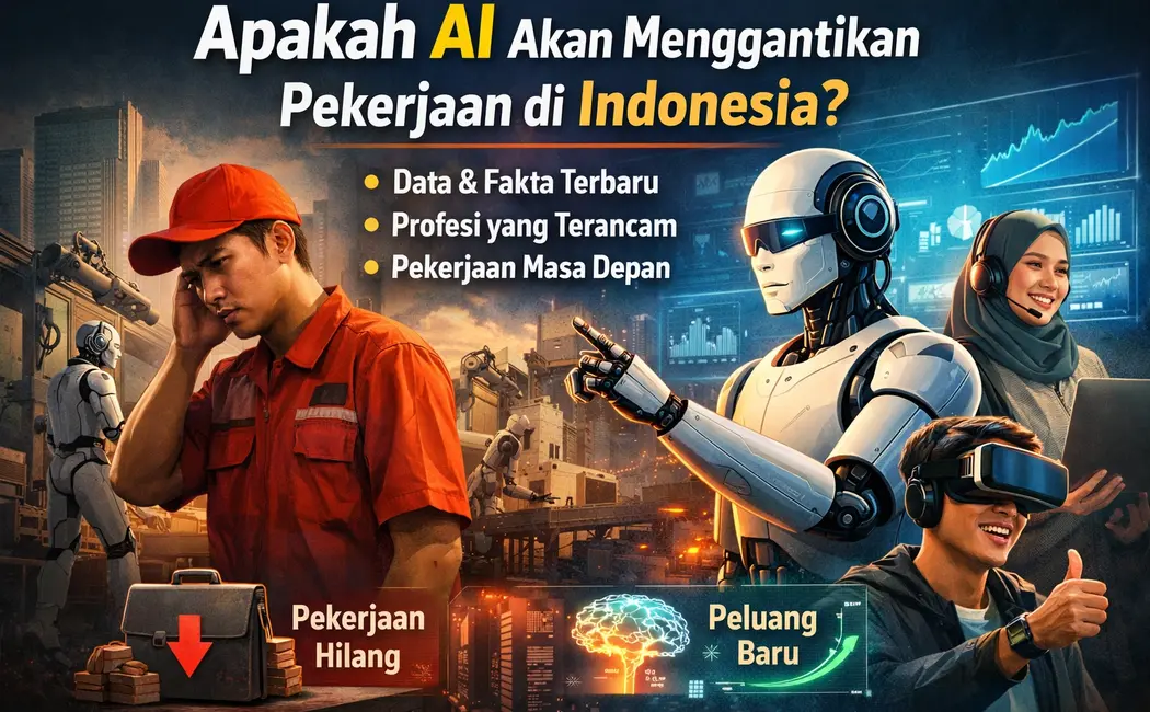 Ilustrasi dampak AI terhadap pekerjaan di Indonesia menampilkan robot dan manusia dengan konsep pekerjaan hilang dan peluang baru di era teknologi 2026