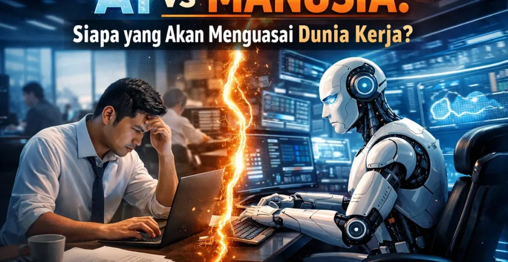 Ilustrasi perbandingan manusia dan robot AI yang bekerja di depan komputer menggambarkan dampak kecerdasan buatan terhadap dunia kerja modern.