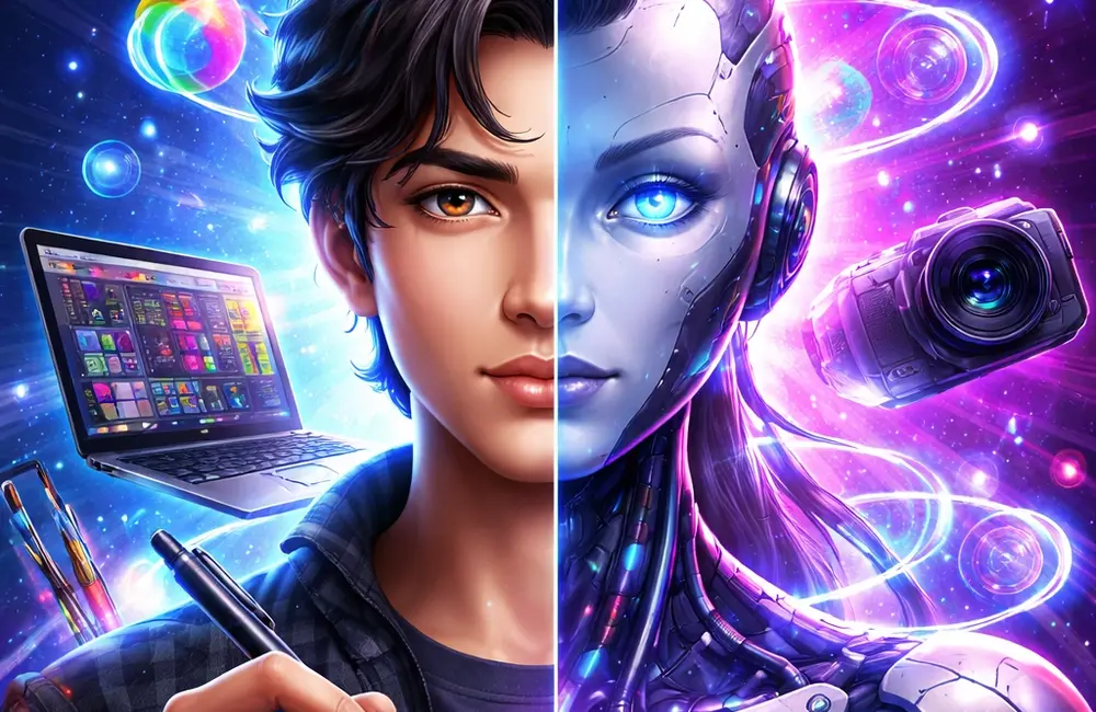 AI vs kreator manusia di industri kreatif Indonesia 2026 dengan ilustrasi futuristik teknologi kecerdasan buatan
