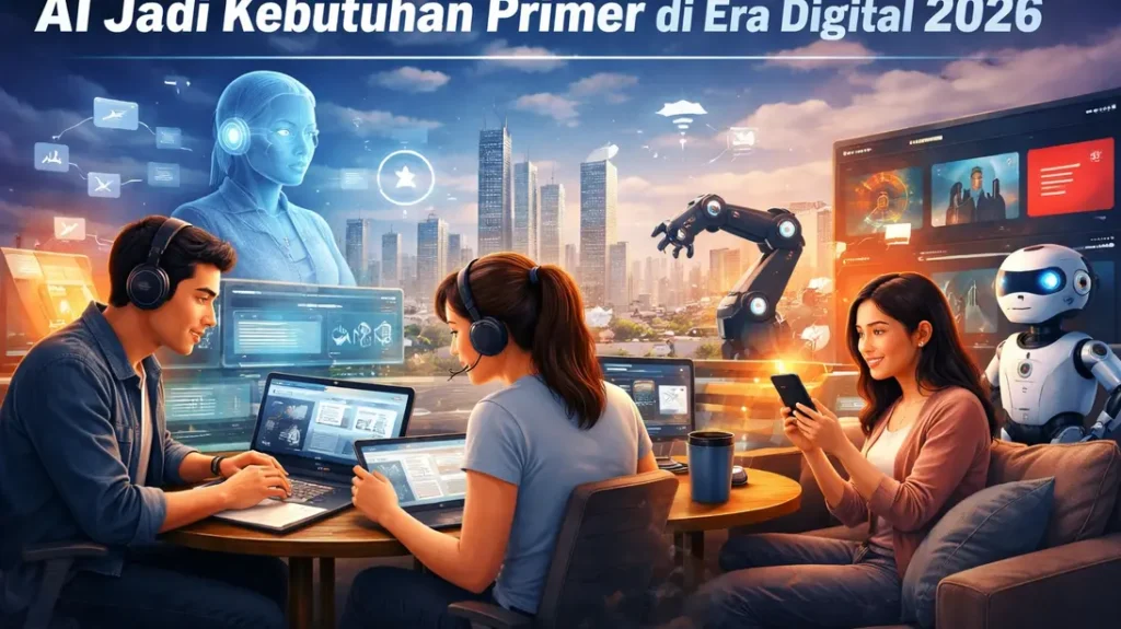 Ilustrasi manusia menggunakan teknologi AI dalam kehidupan sehari-hari di era digital 2026 seperti bekerja, belajar, dan berkomunikasi