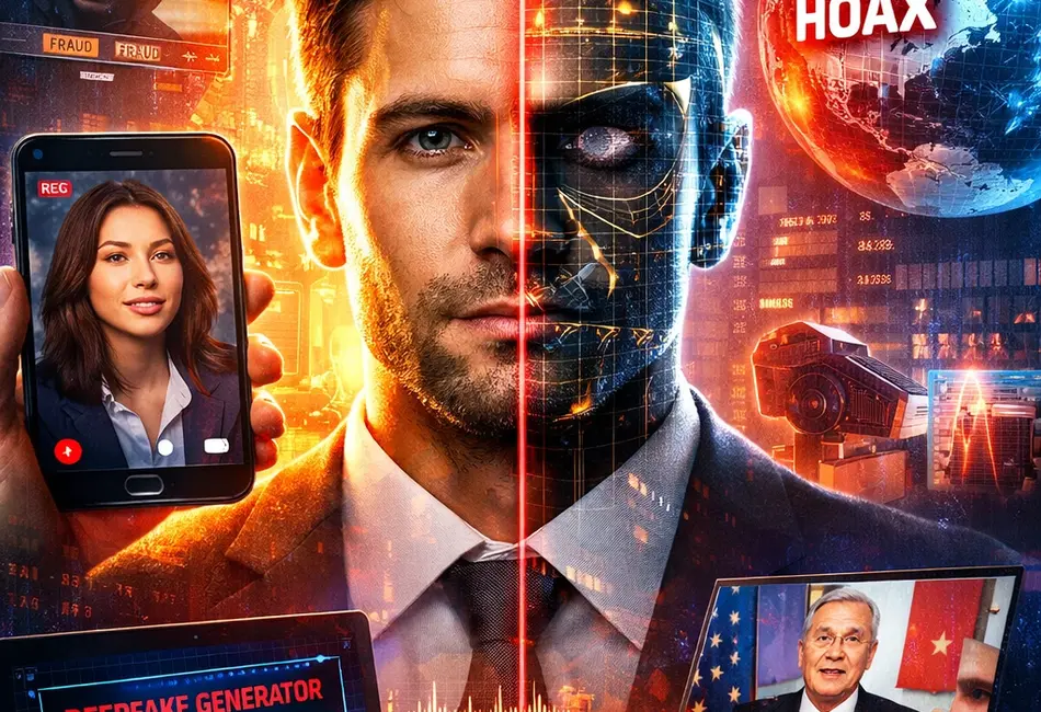 Ilustrasi deepfake 2026 menampilkan wajah manusia setengah asli dan setengah digital dengan latar hacker, fake news, dan ancaman keamanan digital