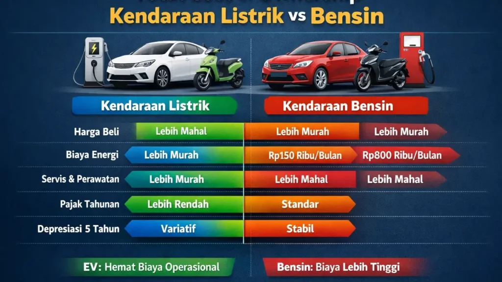 Infografis perbandingan biaya kepemilikan kendaraan listrik vs bensin mencakup harga beli, biaya energi, servis, pajak, dan depresiasi 5 tahun