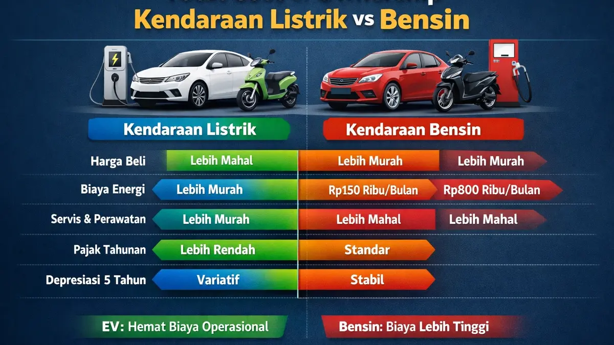 Infografis perbandingan biaya kepemilikan kendaraan listrik vs bensin mencakup harga beli, biaya energi, servis, pajak, dan depresiasi 5 tahun