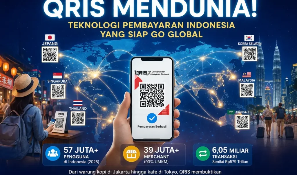 Ilustrasi QRIS mendunia dengan peta global dan transaksi pembayaran digital lintas negara menggunakan QR code Indonesia