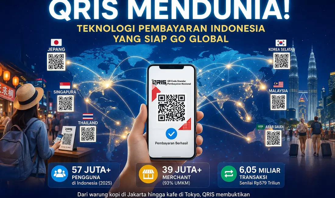 Ilustrasi QRIS mendunia dengan peta global dan transaksi pembayaran digital lintas negara menggunakan QR code Indonesia