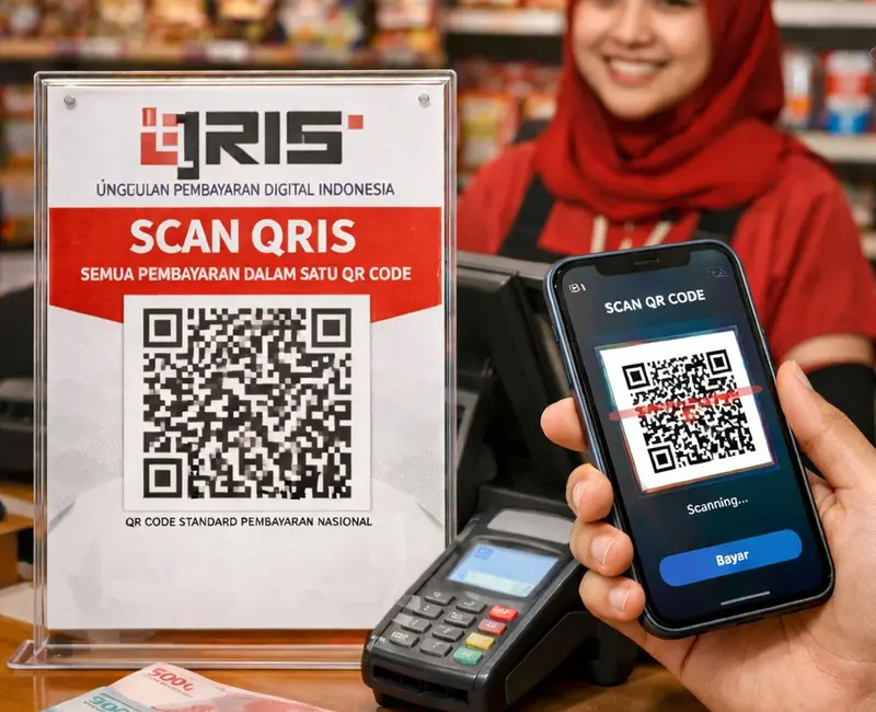 Pembayaran digital menggunakan QRIS di UMKM Indonesia dengan smartphone