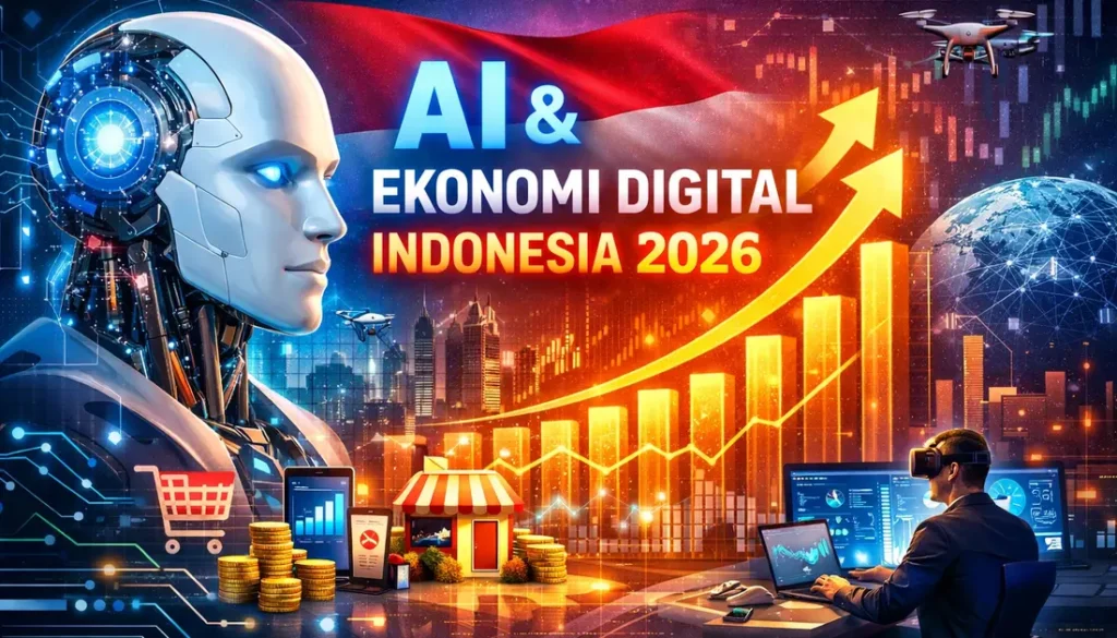 Ilustrasi AI dan ekonomi digital Indonesia 2026 dengan grafik pertumbuhan bisnis digital dan teknologi kecerdasan buatan