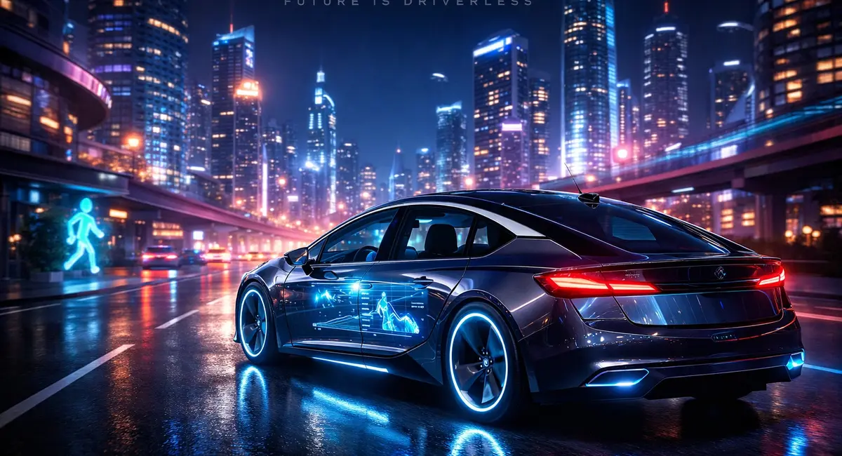 mobil otonom tanpa sopir di kota futuristik dengan teknologi AI dan lampu neon pada malam hari