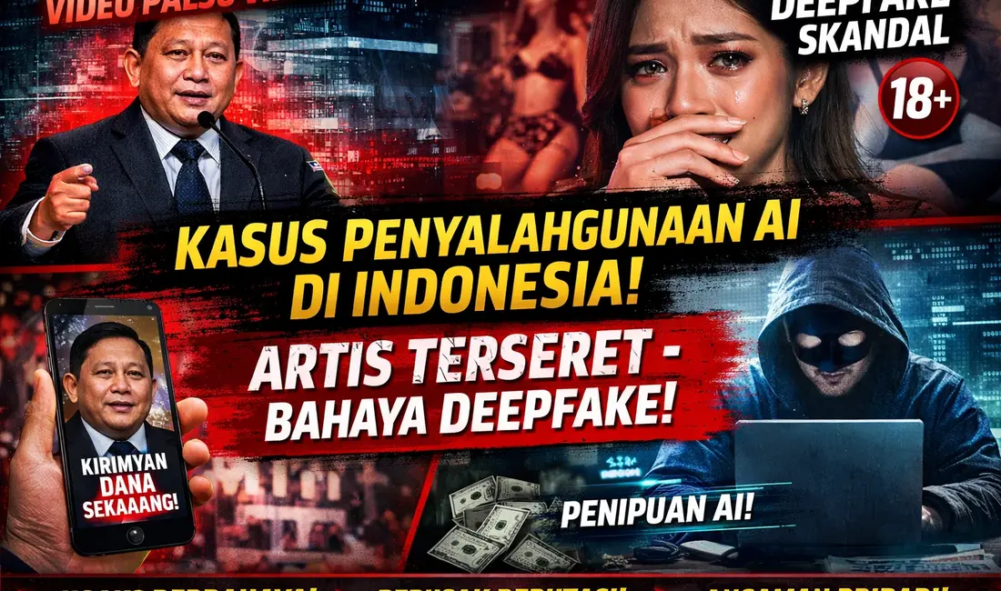 Ilustrasi deepfake AI menampilkan wajah artis Indonesia yang dimanipulasi dalam video digital sebagai simbol penyalahgunaan teknologi AI