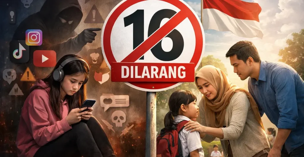 Ilustrasi anak menggunakan smartphone dengan ikon media sosial yang dibatasi sebagai simbol larangan media sosial untuk anak di Indonesia