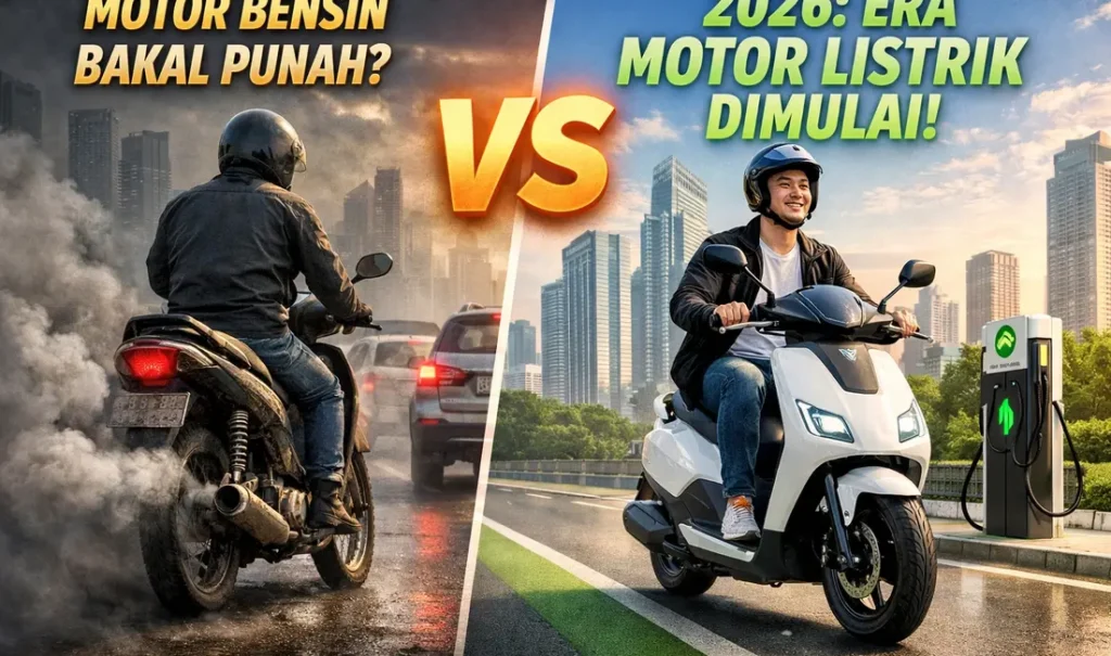 Perbandingan motor bensin berasap dan motor listrik modern di jalan kota Indonesia tahun 2026