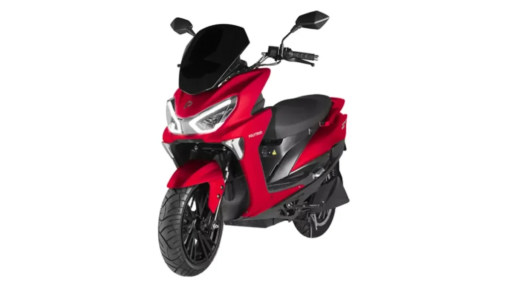 Motor listrik Polytron Fox-R 2026 warna merah hitam tampak samping dengan desain sporty modern di Indonesia