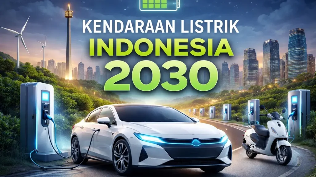 Mobil listrik modern sedang mengisi daya di stasiun pengisian kendaraan listrik umum (SPKLU) di kota besar Indonesia, menggambarkan pertumbuhan pasar kendaraan listrik menuju 2030.