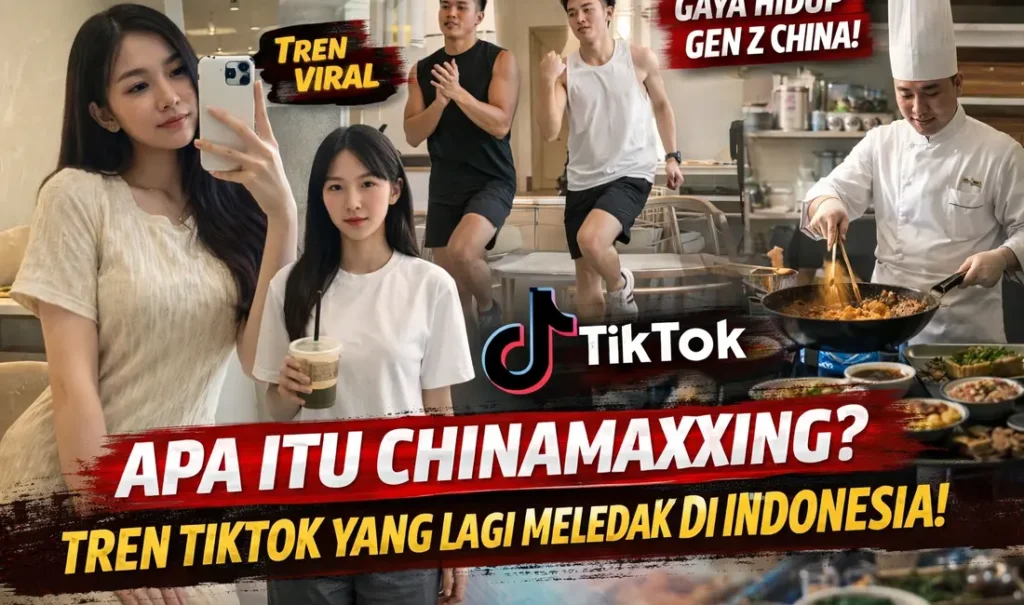 Ilustrasi tren Chinamaxxing di TikTok menampilkan gaya hidup Gen Z ala China seperti olahraga, selfie estetik, dan aktivitas produktif