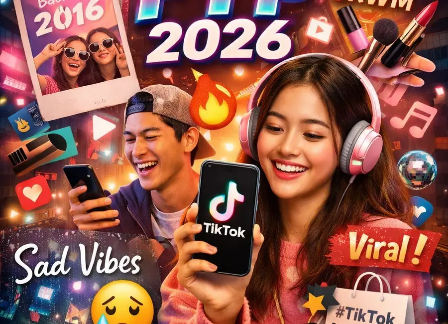 Ilustrasi tren TikTok 2026 viral di Indonesia dengan Gen Z, FYP, dan konten lifestyle populer