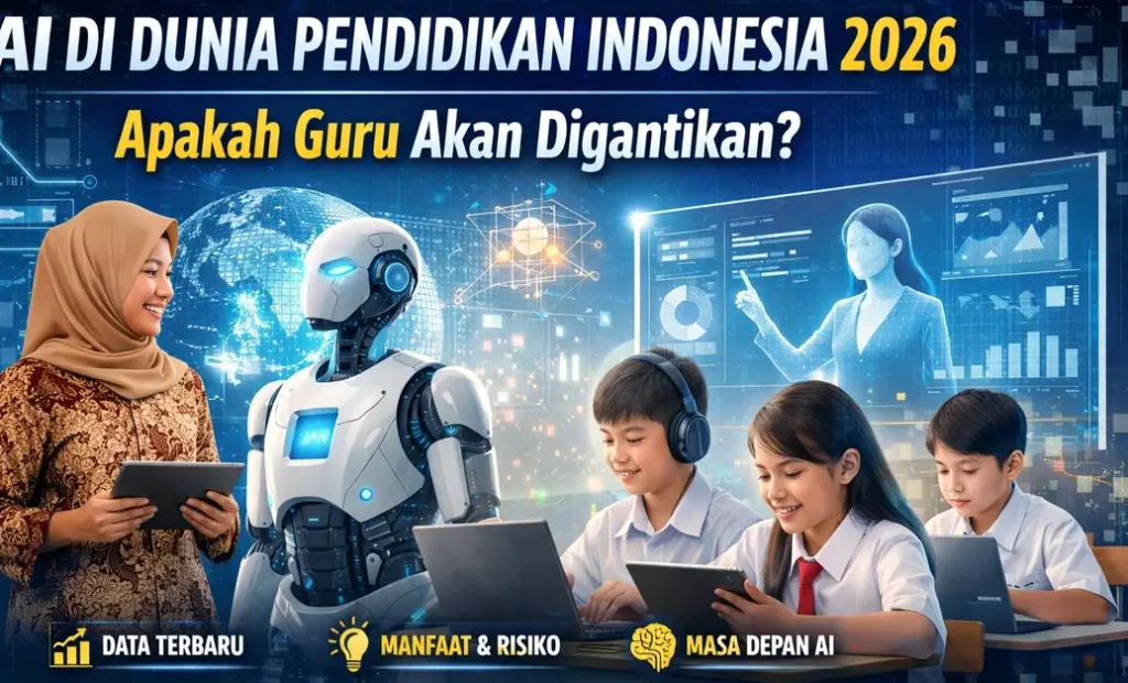 Ilustrasi AI di dunia pendidikan Indonesia 2026 dengan guru, robot humanoid, dan siswa menggunakan teknologi digital di kelas modern