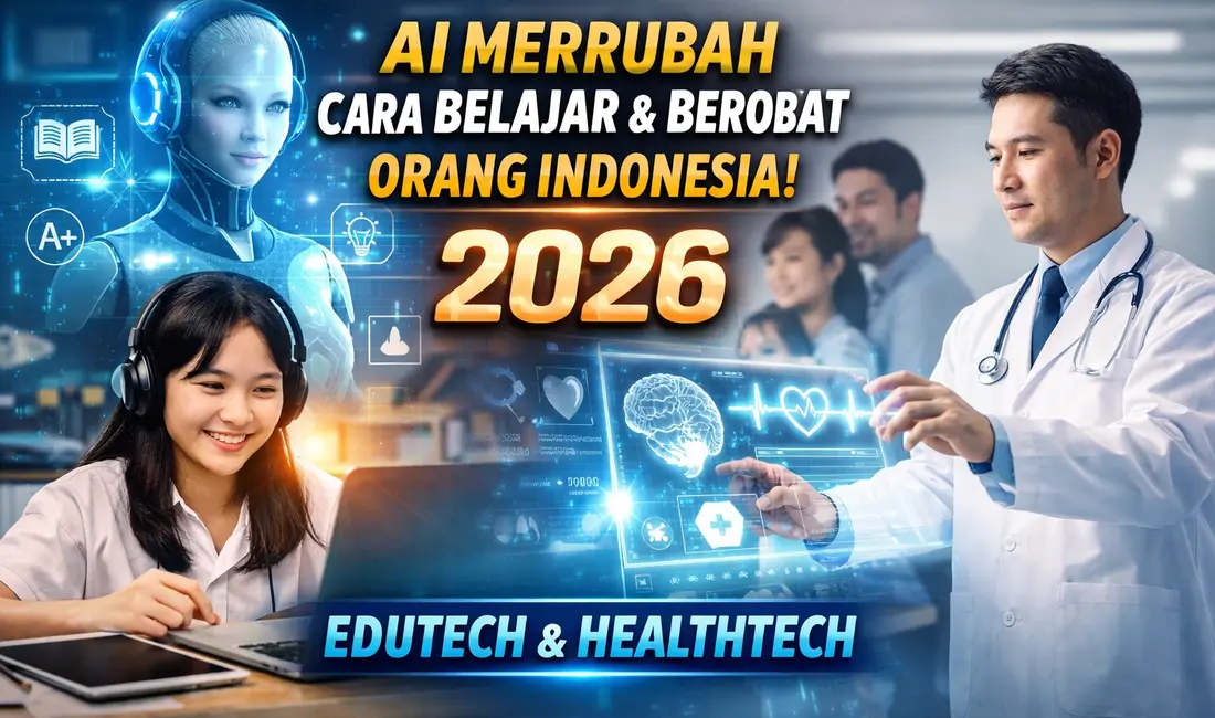 Ilustrasi penggunaan AI dalam pendidikan dan kesehatan digital di Indonesia tahun 2026