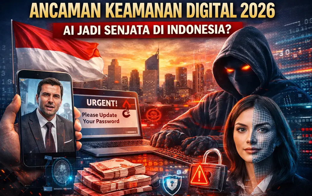 ilustrasi ancaman keamanan digital 2026 dengan AI sebagai senjata, deepfake, hacker, dan phishing di Indonesia