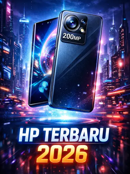 HP terbaru 2026 dengan kamera 200MP desain futuristik dan teknologi canggih di kota cyberpunk