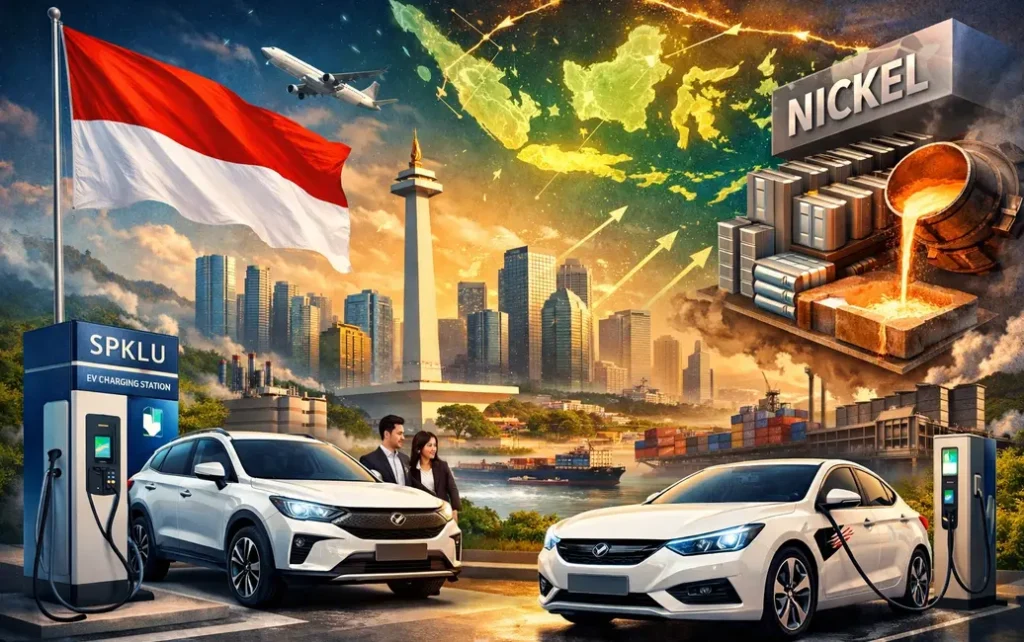 Ilustrasi mobil listrik di Indonesia sedang mengisi daya di SPKLU dengan latar kota Jakarta, pabrik baterai nikel, dan peta Asia Tenggara sebagai simbol pertumbuhan industri EV