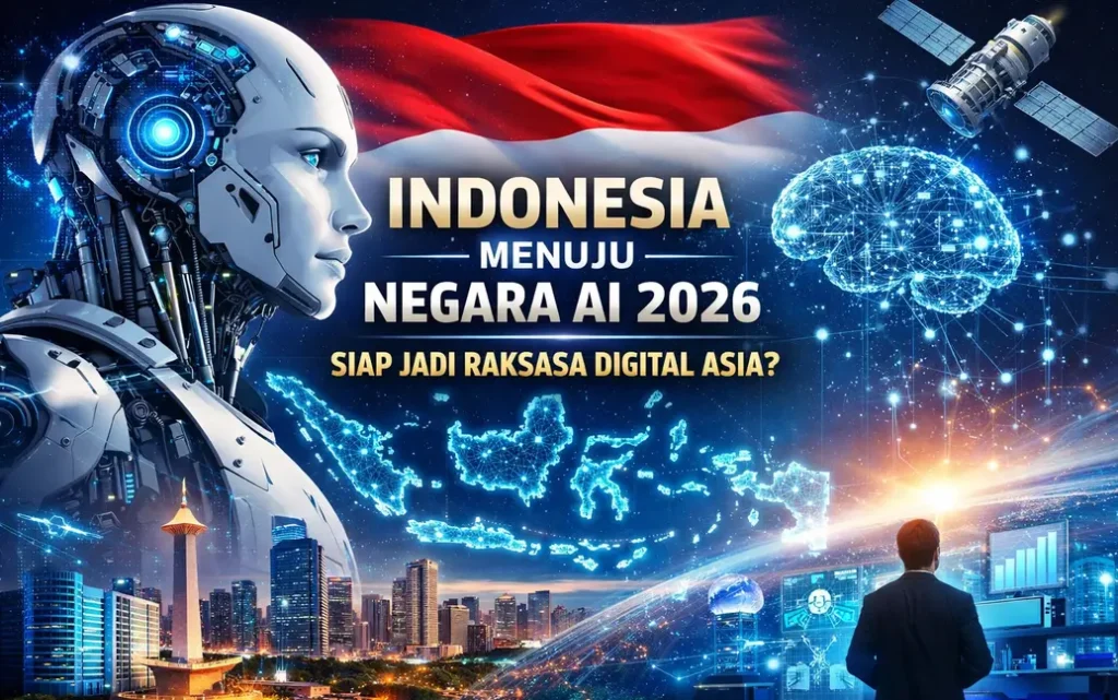 Ilustrasi Indonesia menuju negara AI 2026 dengan robot futuristik, peta digital Indonesia, dan teknologi kecerdasan buatan