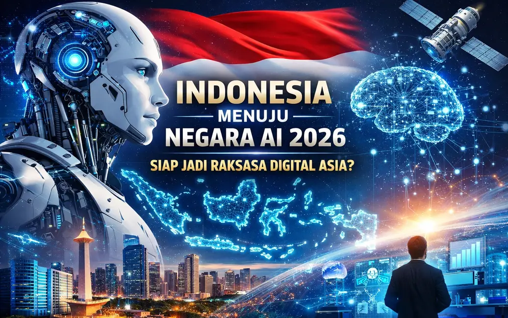 Ilustrasi Indonesia menuju negara AI 2026 dengan robot futuristik, peta digital Indonesia, dan teknologi kecerdasan buatan