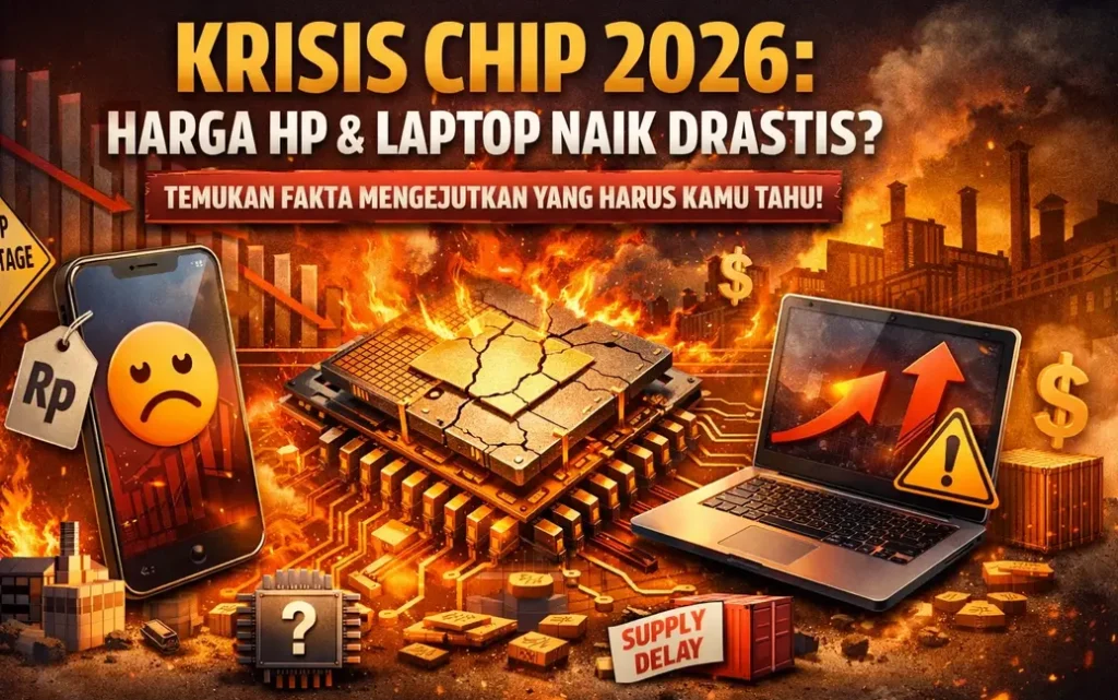 Ilustrasi krisis chip 2026 yang menyebabkan harga HP dan laptop naik drastis dengan visual smartphone, laptop, dan chip terbakar
