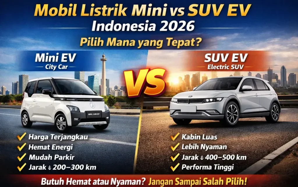 Perbandingan mobil listrik mini dan SUV EV di Indonesia 2026 menampilkan city car hemat energi vs SUV listrik dengan jarak tempuh lebih jauh dan kabin luas