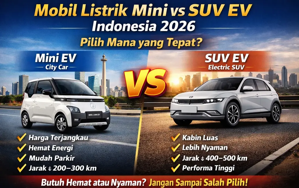 Perbandingan mobil listrik mini dan SUV EV di Indonesia 2026 menampilkan city car hemat energi vs SUV listrik dengan jarak tempuh lebih jauh dan kabin luas
