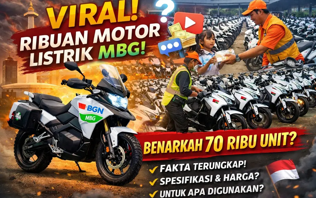 Motor listrik MBG berjejer dengan logo BGN untuk program Makan Bergizi Gratis yang viral di Indonesia