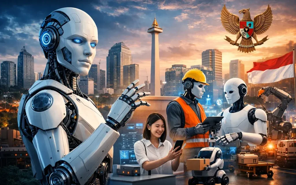 Robot humanoid canggih bekerja bersama manusia di Jakarta Indonesia dengan latar Monas dan teknologi AI fisik masa depan