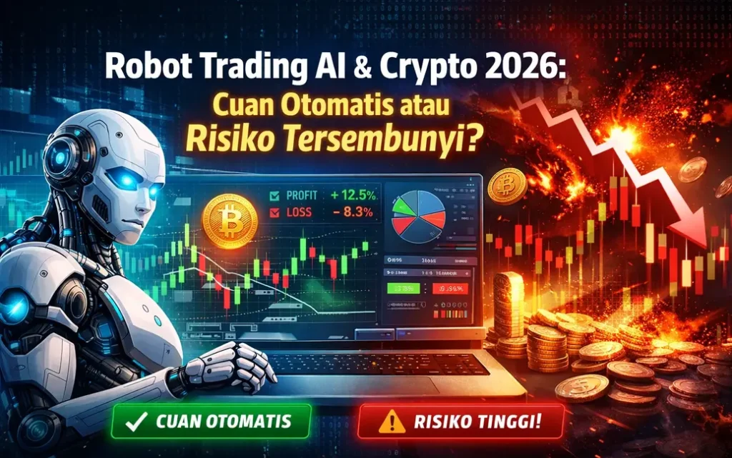 Ilustrasi robot trading AI crypto 2026 dengan grafik pasar digital dan sistem otomatis menghasilkan keuntungan