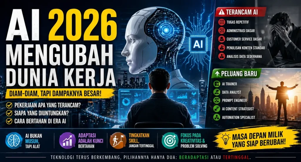 Ilustrasi AI 2026 yang mengubah dunia kerja dengan dampak pada pekerjaan manusia, menampilkan ancaman otomatisasi dan peluang karier baru di era teknologi