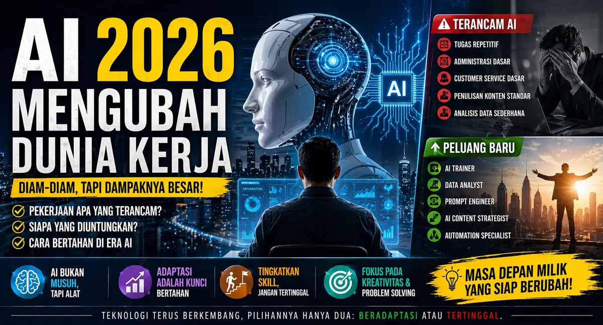 Ilustrasi AI 2026 yang mengubah dunia kerja dengan dampak pada pekerjaan manusia, menampilkan ancaman otomatisasi dan peluang karier baru di era teknologi