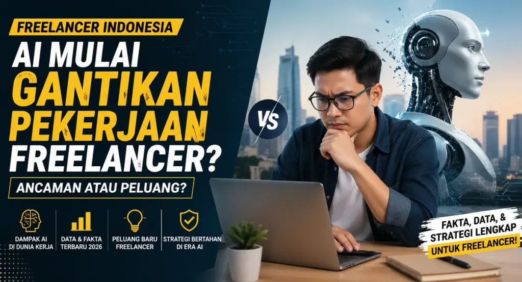 Ilustrasi freelancer Indonesia bekerja dengan AI seperti ChatGPT di laptop untuk menghadapi perubahan dunia kerja digital