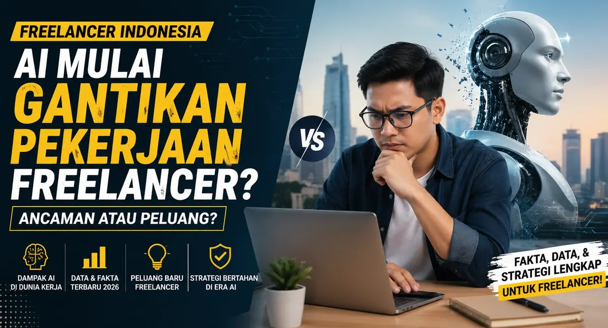 Ilustrasi freelancer Indonesia bekerja dengan AI seperti ChatGPT di laptop untuk menghadapi perubahan dunia kerja digital